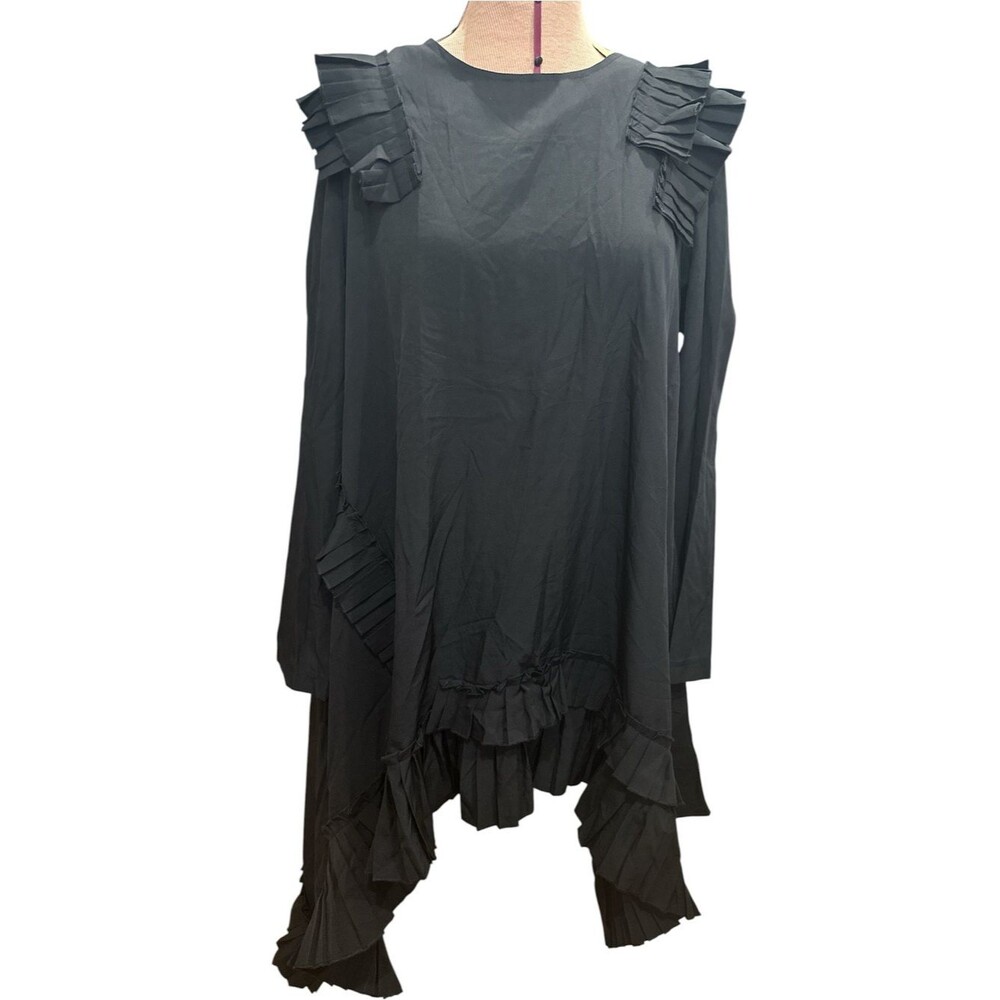 Madonna & Co Black Pleated-Trim Long Sleeve Women's Dress Sz L